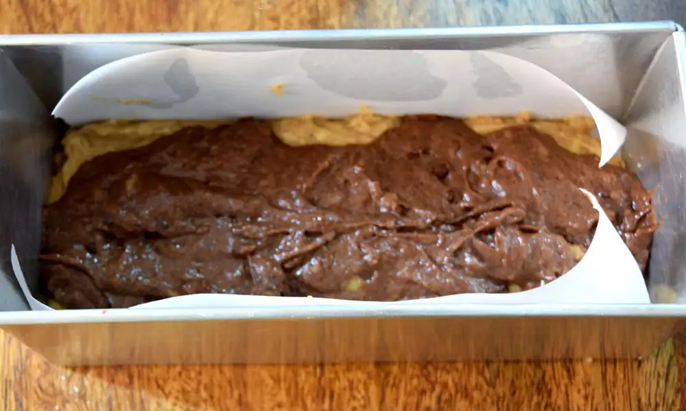 Chocolate Banana Cake batter in Loaf Tin